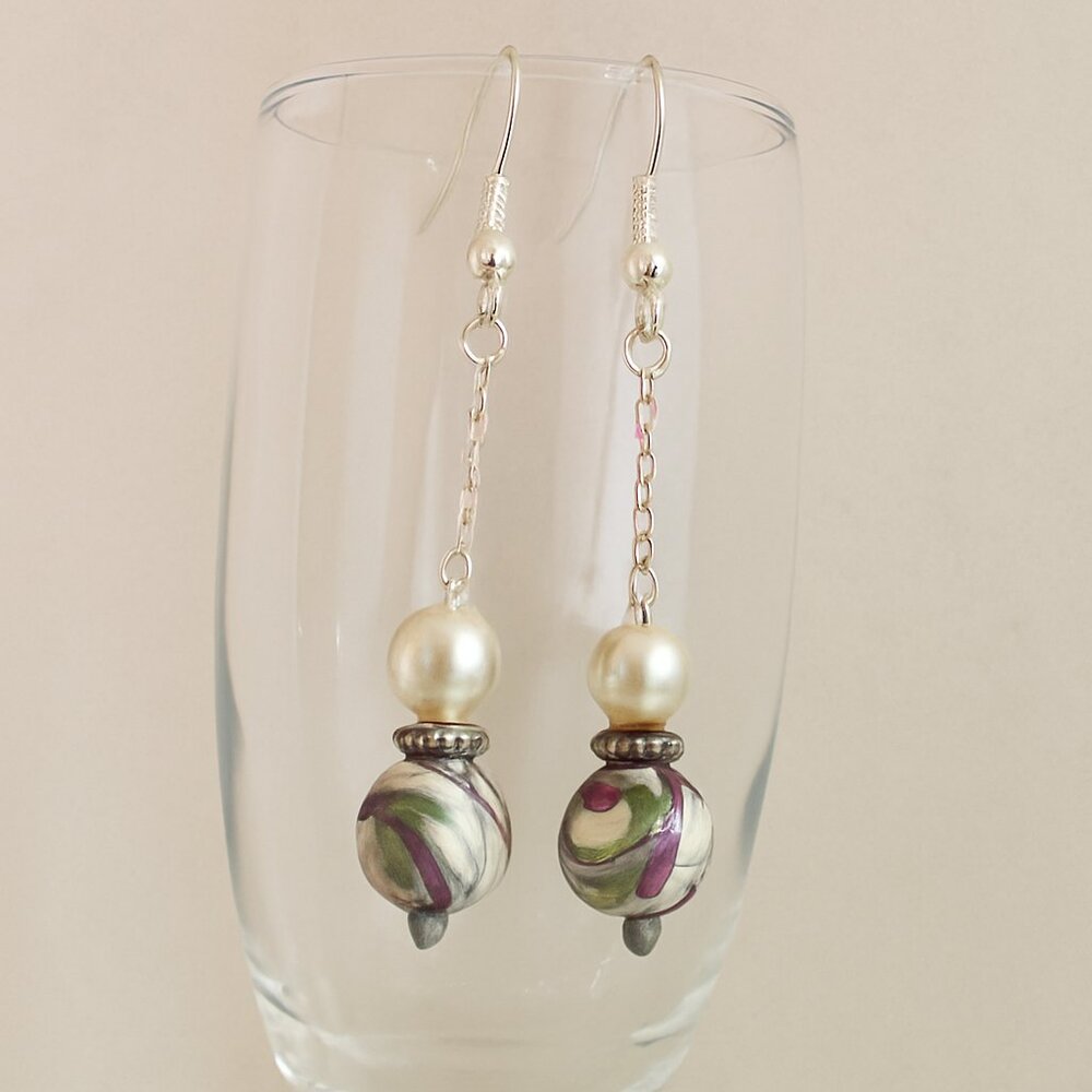 Dangle Earrings with Faux Pearl & Swirl Bead